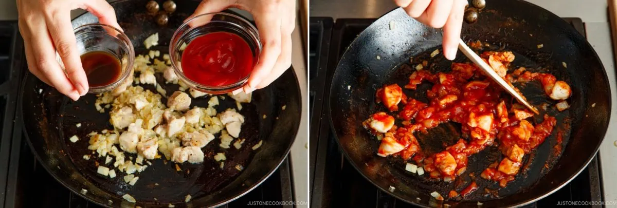 Two images show hands adding soy sauce and ketchup to cooked chicken and onions in a skillet, then stirring the ingredients together while cooking on a stovetop&mdash;preparing the classic filling for omurice.