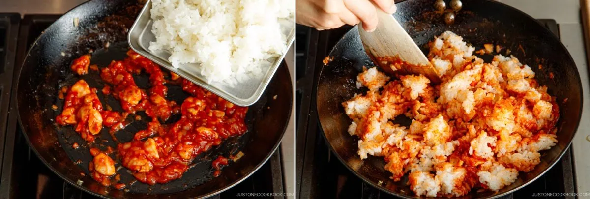 Two side-by-side photos show cooked chicken in red sauce in a skillet, rice being added, and then the mixture being stirred together with a spatula to make omurice-inspired fried rice.