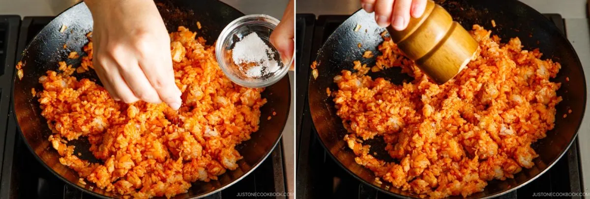 Two photos of hands seasoning minced meat in a skillet for omurice; one hand sprinkles salt from a small dish, and the other grinds pepper over the orange-red meat mixture while it cooks on the stovetop.