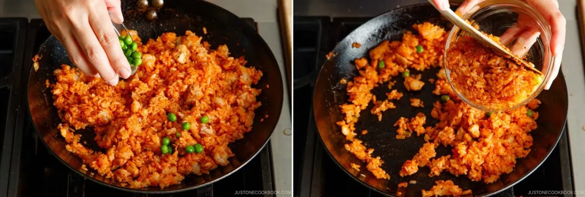 A hand adds green peas to red fried rice in a pan, reminiscent of the classic omurice filling, and in the next frame, more rice is poured into the same pan.