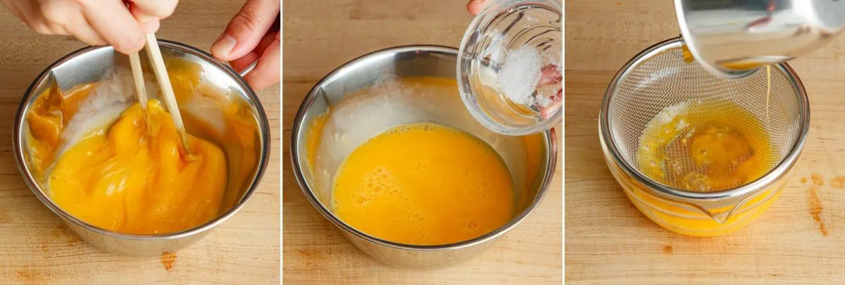Three-panel image: whisking egg yolks in a bowl, adding sugar to beaten yolks, then pouring the mixture through a fine mesh strainer into another bowl on a wooden surface&mdash;techniques commonly used when preparing a silky omurice omelet.