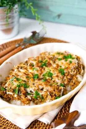 A casserole containing Curry Doria (Japanese Rice Gratin).