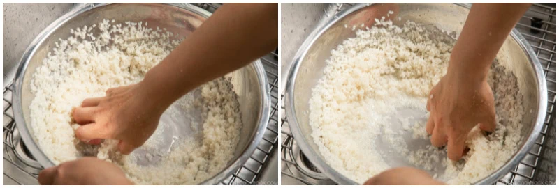 Two images show hands mixing or washing rice in a large metal bowl filled with water. The rice is being stirred and rinsed, likely to remove excess starch before cooking—an essential step for preparing perfect rice for dishes like kimbap.