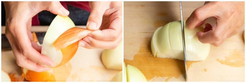 Two images: one shows hands peeling an onion, the other shows hands slicing a peeled onion on a wooden cutting board with a knife&mdash;preparing fresh ingredients for Japanese chicken curry.