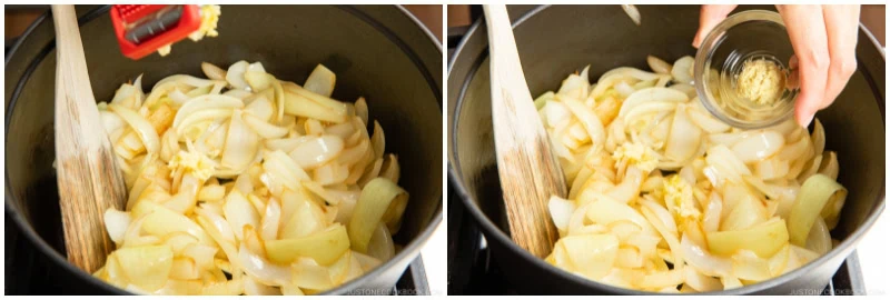 Two images show the beginning steps of Japanese chicken curry, with sliced onions saut&eacute;ing in a pot. In the left image, grated garlic is being added to the onions. In the right image, a hand holds a small bowl with minced ginger, about to add it to the pot. A wooden spoon rests inside.