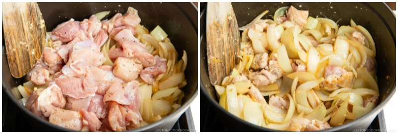 Side-by-side photos of raw chicken and sliced onions being saut&eacute;ed in a pot for Japanese chicken curry. The left image shows raw chicken with onions; the right image shows the chicken partially cooked and onions softened.