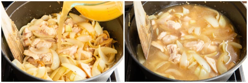 Two images show a pot with sliced onions, chicken, and broth being poured in, then stirred together on a stovetop. The mixture appears to be cooking for a savory Japanese chicken curry dish.