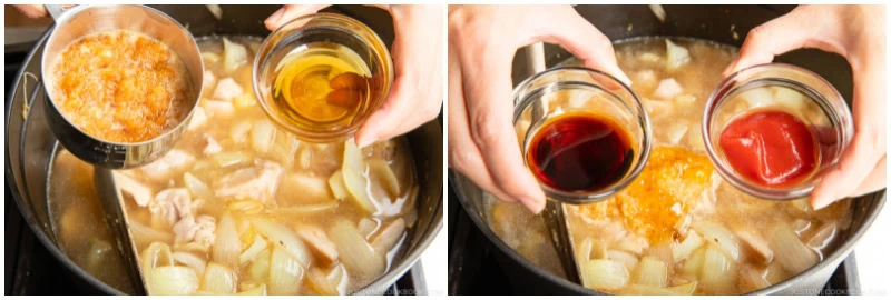 Two photos show hands adding ingredients (minced garlic, oil, soy sauce, ketchup, and a thick sauce) from small bowls into a pot of Japanese chicken curry simmering with chopped onions and chicken pieces on a stovetop.