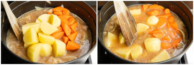 A pot of stew being cooked, with chopped potatoes and carrots added to a brown broth reminiscent of Japanese chicken curry. A wooden spatula rests inside the pot. Two images show before and after stirring the vegetables.