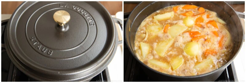 Split image: On the left, a closed Staub cast iron pot on a stove. On the right, the pot is open, revealing a Japanese chicken curry stew with potatoes, carrots, and broth simmering inside.