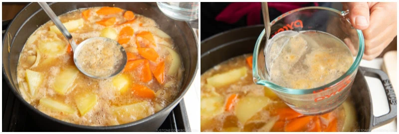 A pot of soup with carrots and potatoes simmers; reminiscent of Japanese chicken curry, a ladle skims broth in one image, while broth is poured into a measuring cup in the other image.