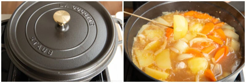 Split image: left side shows a closed Staub cast iron pot on a stove, right side reveals the pot open with simmering Japanese chicken curry, featuring tender chicken, potatoes, onions, and carrots in a rich golden broth.