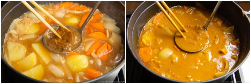 Two side-by-side images show a pot of Japanese chicken curry. The left image features chunky vegetables and tender chicken simmering in broth, while the right image shows the same pot after curry roux is added, transforming the soup into a thicker, rich brown curry.