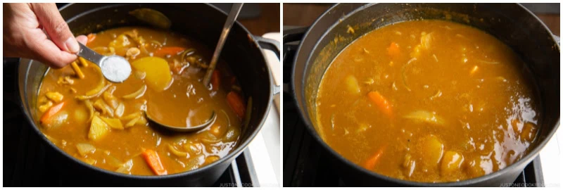 Two images of a pot with Japanese chicken curry containing carrots, potatoes, and onions. In the first image, a hand adds seasoning; in the second, the curry simmers with visible vegetables.