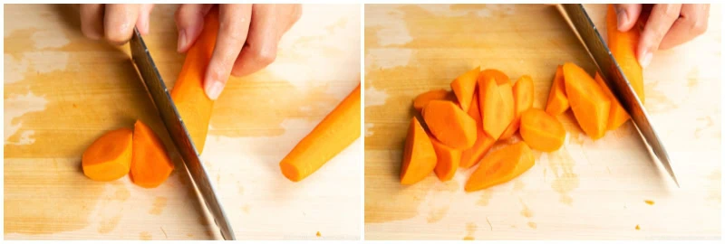 Two close-up photos show hands slicing a carrot on a wooden cutting board&mdash;an essential step when preparing ingredients for Japanese chicken curry. The left image captures the cutting in progress, while the right image displays several neatly sliced carrot pieces, ready to be added to the dish.