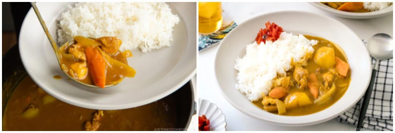 A ladle serves Japanese chicken curry with vegetables and tender chicken onto a plate of white rice; another plate shows the flavorful Japanese curry with rice, garnished with pickled red ginger.
