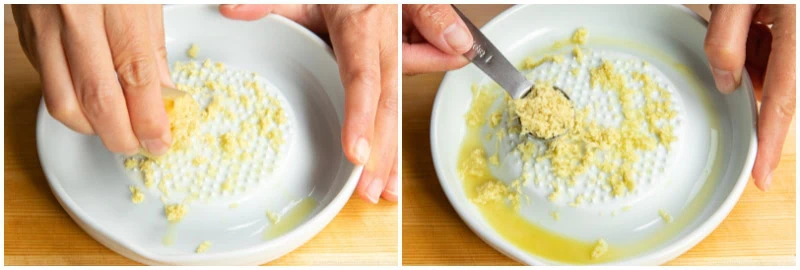 Two images: Left, a person grates ginger on a white ceramic grater. Right, they use a spoon to scoop up the grated ginger and juice from the grater&mdash;perfect prep for adding fresh flavor to Japanese chicken curry.