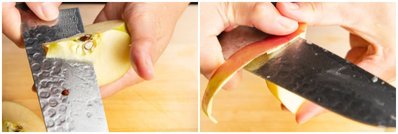 Two images show hands using a knife to slice an apple&mdash;perfect prep for Japanese chicken curry. The left image shows removing apple seeds, while the right image shows peeling the apple&rsquo;s skin. Both close-ups are on a wooden cutting board.