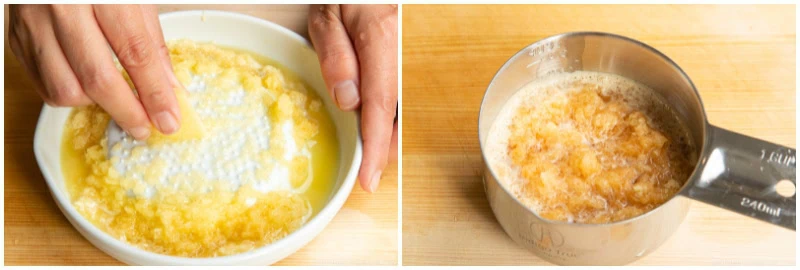 Close-up of a hand dipping bread into melted butter and pineapple in a bowl, next to a saucepan with the same mixture simmering on a wooden surface, reminiscent of the sweet and savory notes found in Japanese chicken curry.