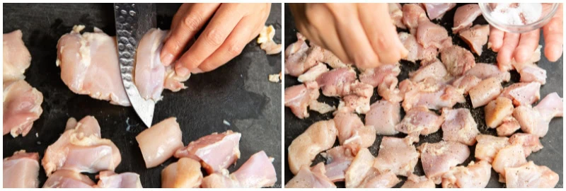 Two-panel image: Left, a hand uses a knife to cut raw chicken into chunks, preparing ingredients for Japanese chicken curry. Right, numerous chicken pieces are spread out while a hand sprinkles salt over them.