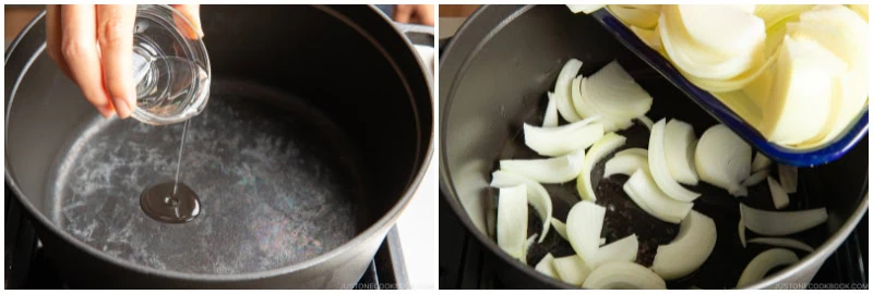 A hand pours oil into a pot in the first image, preparing the base for Japanese chicken curry. In the second image, sliced onions are being added to the pot.
