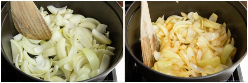 Two side-by-side images show sliced onions in a pot as the base for Japanese chicken curry. The left side displays raw onions, while the right side shows the onions softening and turning translucent as they cook, both with a wooden spatula stirring.
