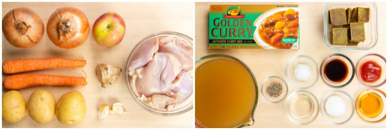 Two photos: Left shows ingredients for Japanese chicken curry, including onions, an apple, carrots, potatoes, ginger, garlic, and raw chicken. Right displays curry mix cubes, broth, seasonings, sauce, sugar, salt, pepper&mdash;all essentials for creating a flavorful Japanese chicken curry&mdash;arranged on a light surface.