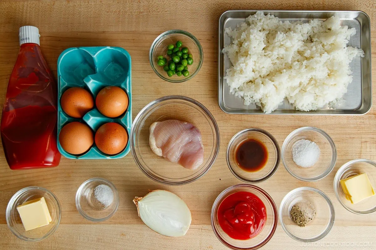 Flat lay of ingredients to make Omurice (Japanese Omelette Rice).