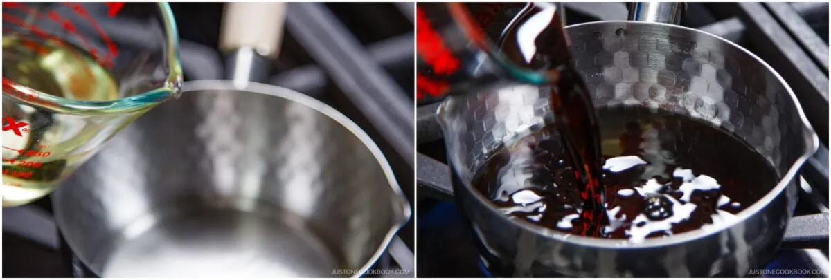 A split image shows clear liquid being poured from a measuring cup into a saucepan on the left, and red liquid being poured into a saucepan on the right, both on a stovetop while preparing Zaru Soba (Cold Soba).