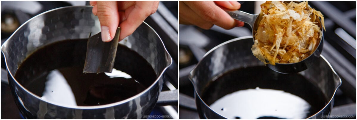 A hand adds a piece of dried kelp to a pot of dark liquid in the left image; the right shows dried bonito flakes poured into the same pot, preparing a flavorful broth perfect for Zaru Soba (Cold Soba) on the stove.
