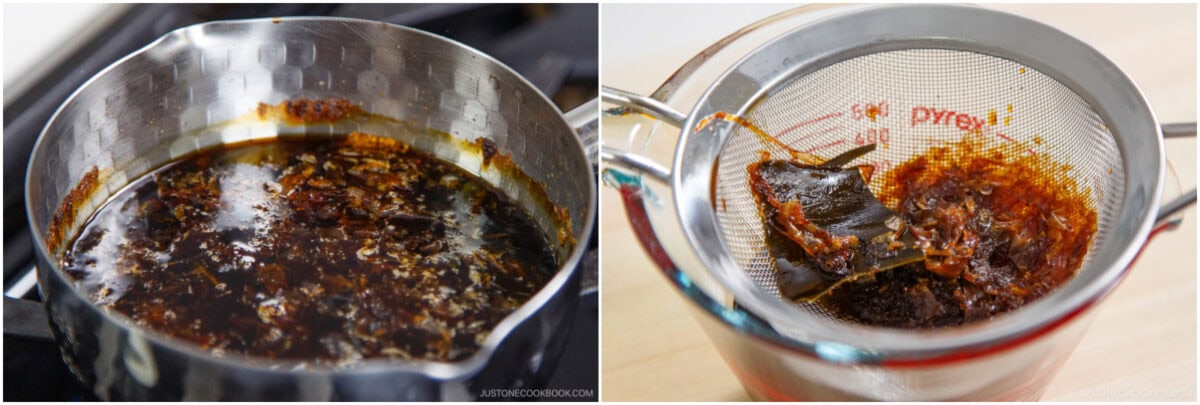 A saucepan with a dark, simmering liquid on the left and a mesh strainer filtering out solids from the liquid into a glass measuring cup on the right, essential steps in preparing broth for Zaru Soba (Cold Soba).