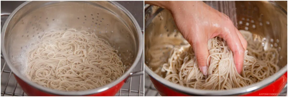 Two side-by-side images: cooked Zaru Soba (Cold Soba) noodles in a metal colander on the left, and a hand rinsing or mixing the noodles in the colander on the right.