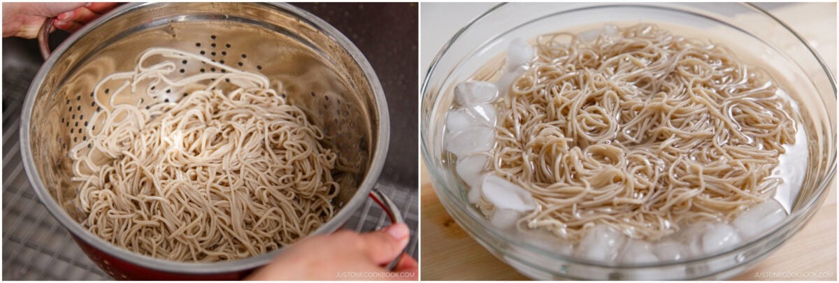Left: Cooked soba noodles being drained in a colander. Right: Zaru Soba (Cold Soba) soaking in a bowl of ice water, with ice cubes visible.