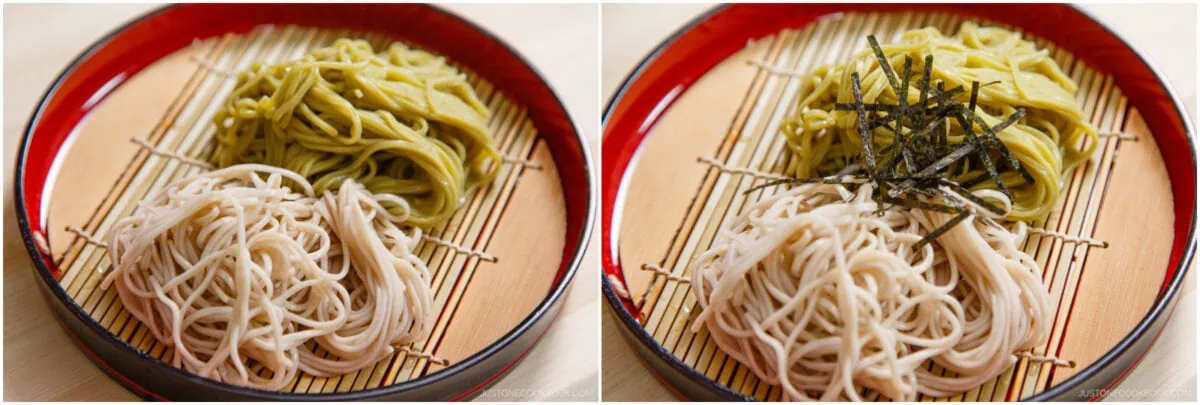 Side-by-side images of Zaru Soba (Cold Soba) served on bamboo mats in round trays. The left features plain soba and green tea soba, while the right noodle dish is topped with shredded seaweed.