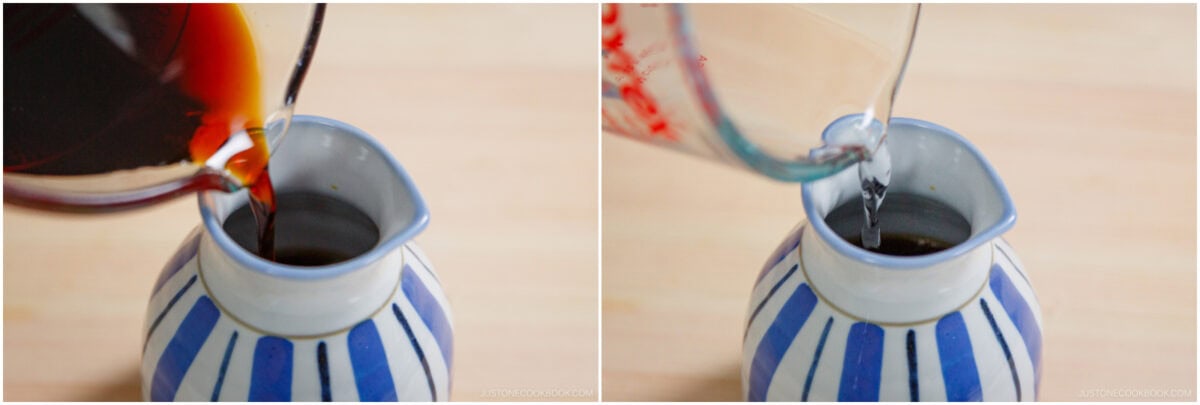 A striped blue and white pitcher is shown being filled with a dark liquid, then a clear liquid—both poured from measuring cups—perfect for preparing dipping sauce for Zaru Soba (Cold Soba).