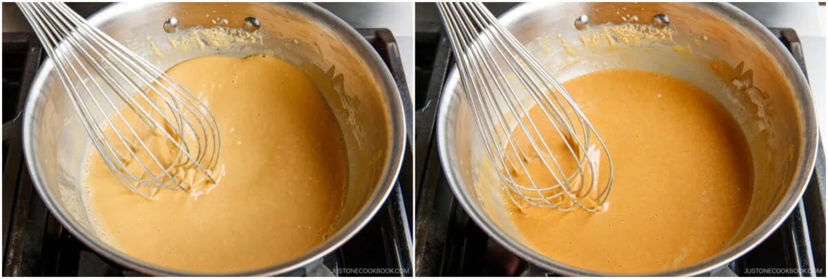 Side-by-side images of a metal pot on a stove with a whisk mixing a light-colored roux on the left and a darker golden-brown roux on the right, showing the progression of cooking.
