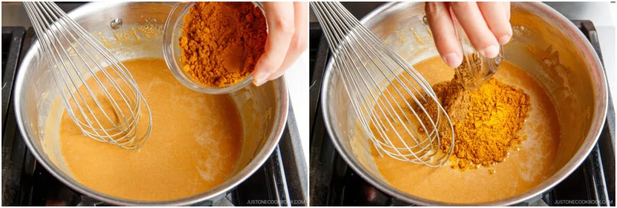 A hand adds ground spices to a saucepan with a whisk and thick sauce on a stovetop, shown in two side-by-side images with slightly different spices being poured in.