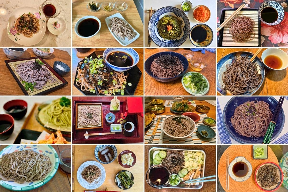 A collage of sixteen dishes, each featuring soba noodles served with various toppings, broths, and side dishes, presented in different bowls and plates on assorted table settings.