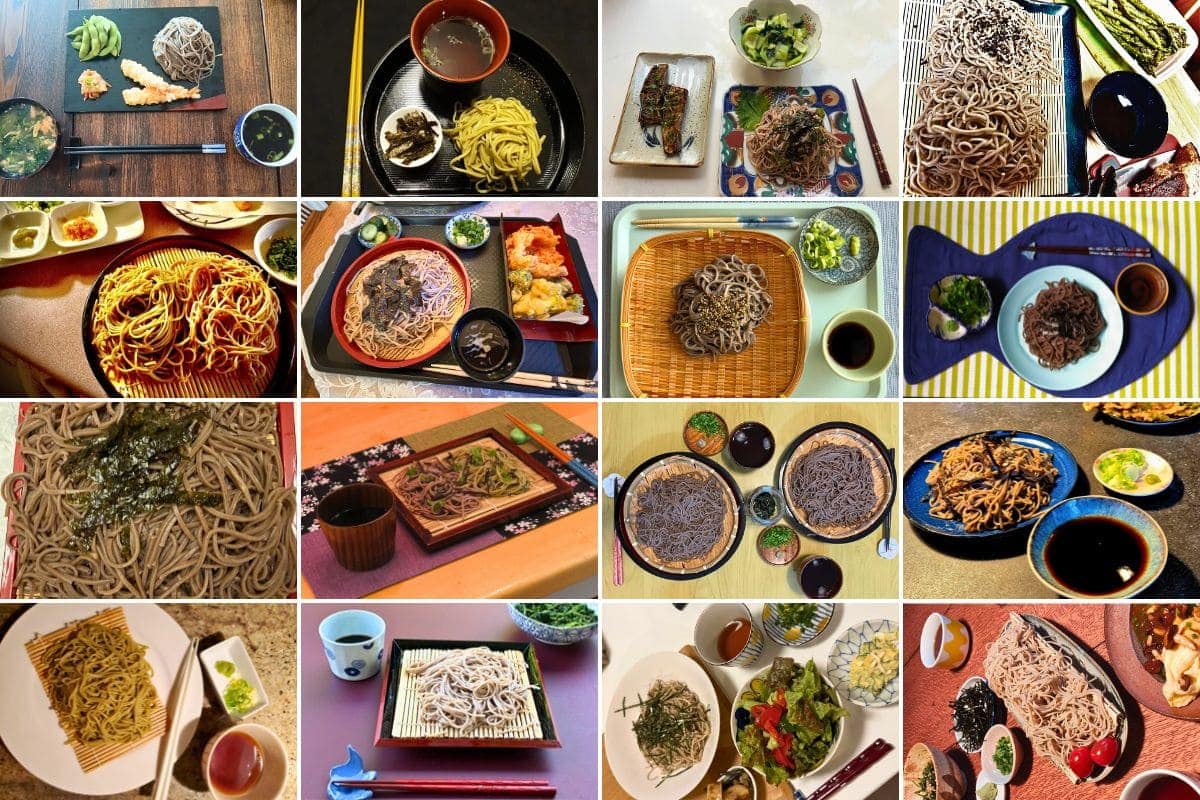 A collage of 16 photos displays various Japanese soba noodle dishes, each plated differently with sides like tempura, vegetables, dipping sauces, and garnishes on diverse table settings.