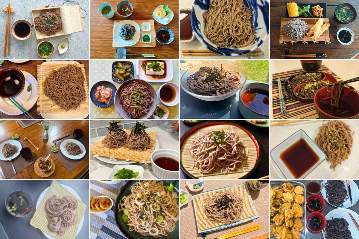 A collage of sixteen images, each showing plates and bowls of soba noodles presented with dipping sauces, garnishes, and side dishes, arranged on various tables and placemats in different styles.