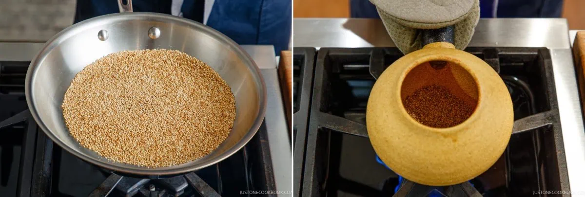 Side-by-side images show grains being toasted: on the left, grains in a metal pan on a stove; on the right, grains in a clay pot on a burner, with a gloved hand holding the pot.