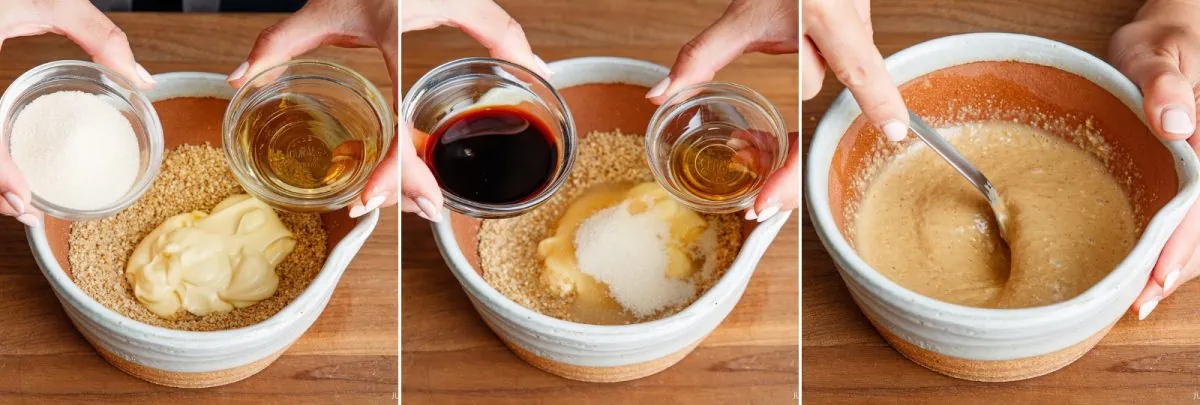 Three-panel image showing hands adding sugar, soy sauce, and oil to a bowl with mayo and crushed nuts, then mixing the ingredients together with a spoon to make a creamy sauce.