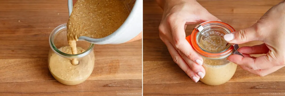 On the left, thick batter is poured into a glass jar. On the right, hands close the jar with an orange-rimmed glass lid. Both scenes are on a wooden surface.