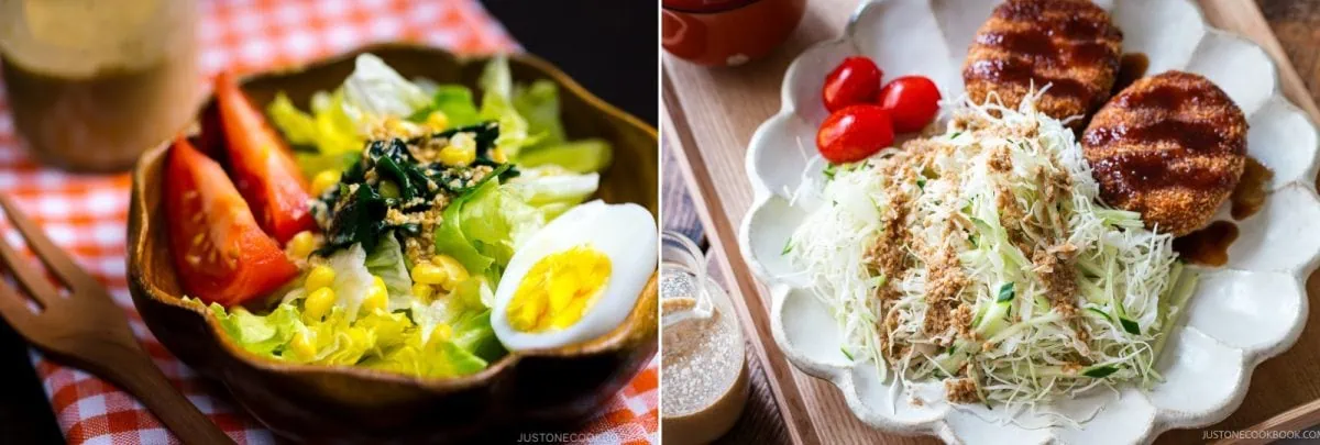 A split image: left shows a salad with lettuce, tomato, corn, spinach, sesame seeds, half a boiled egg, and a drizzle of Japanese sesame dressing; right shows breaded cutlets, shredded cabbage, cherry tomatoes, and sauce on a wooden board.