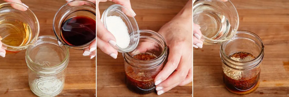 Three images show hands preparing wafu dressing by adding liquid and granulated ingredients into a glass jar on a wooden surface. The steps progress from pouring liquids to adding a white powder and another liquid, illustrating the process of making this flavorful Japanese-style sauce or marinade.