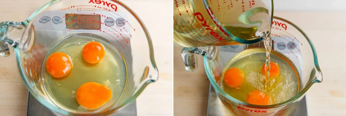 Two side-by-side images: On the left, three raw eggs are cracked into a glass measuring cup; on the right, water is poured in with the eggs. These steps are the foundation for making Chawanmushi, a Japanese savory steamed egg custard.