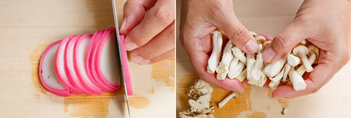 A split image shows hands slicing pink-edged fish cake on the left and breaking apart clusters of shimeji mushrooms on the right&mdash;both classic ingredients for Chawanmushi (Japanese Savory Steamed Egg Custard)&mdash;on a wooden cutting board.