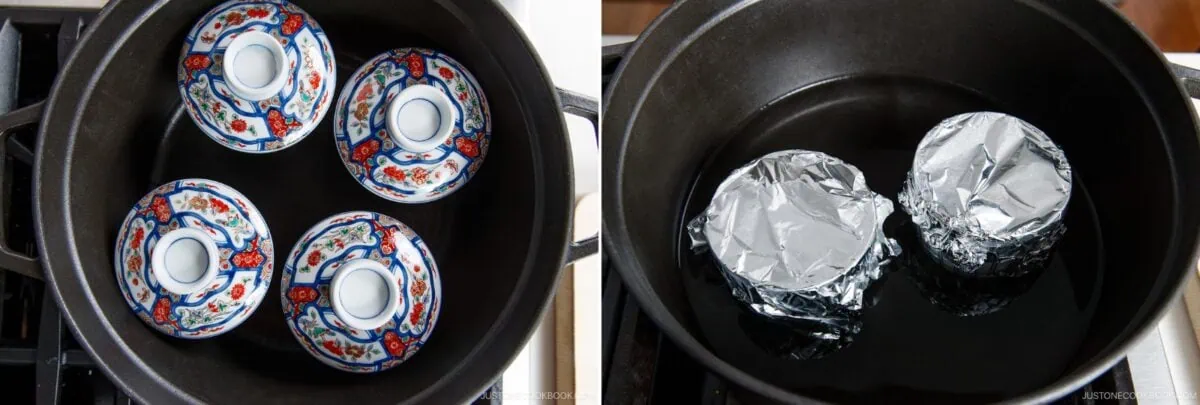 Two images side by side: left shows four small bowls with colorful lids in a pot; right shows two foil-covered bowls gently steaming in water&mdash;likely preparing Chawanmushi, a Japanese savory steamed egg custard.