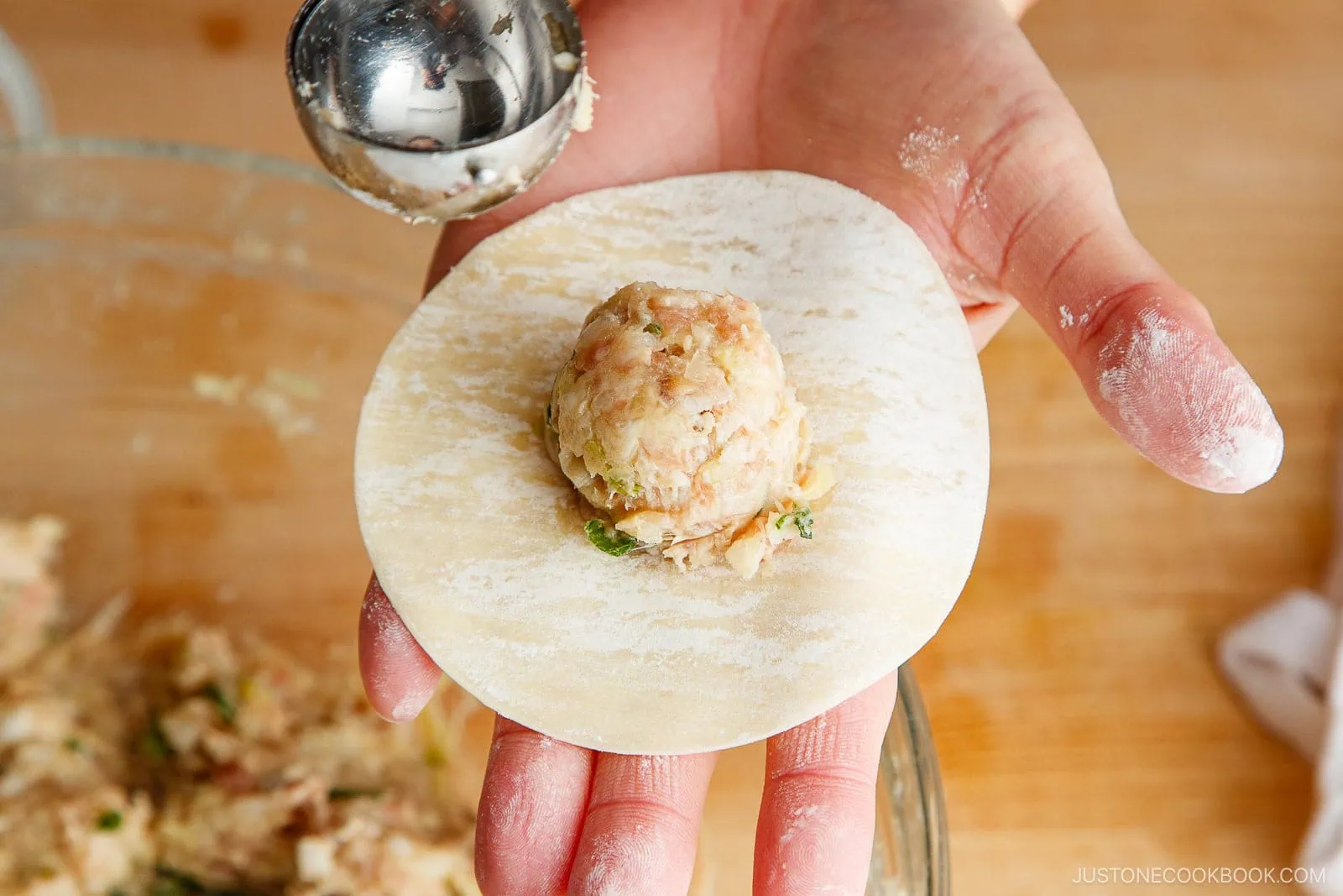 A hand holds a round dumpling wrapper topped with a ball of meat and vegetable filling, ready to be folded&mdash;a classic step in any Gyoza Recipe. A metal scoop and mixing bowl with more filling are visible in the background.
