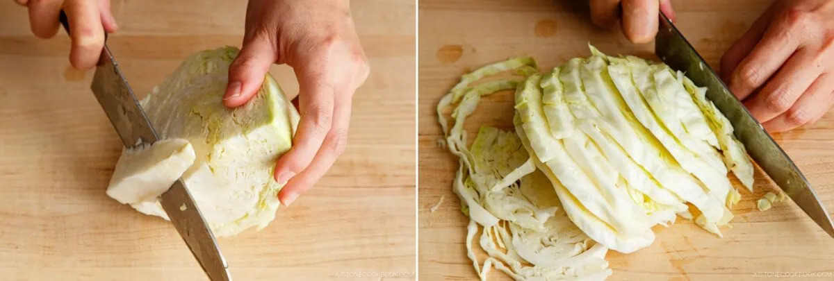Two photos side by side show hands slicing a head of cabbage on a wooden cutting board&mdash;first trimming the core, then cutting it into thin strips with a large knife, perfect prep for any Gyoza Recipe.